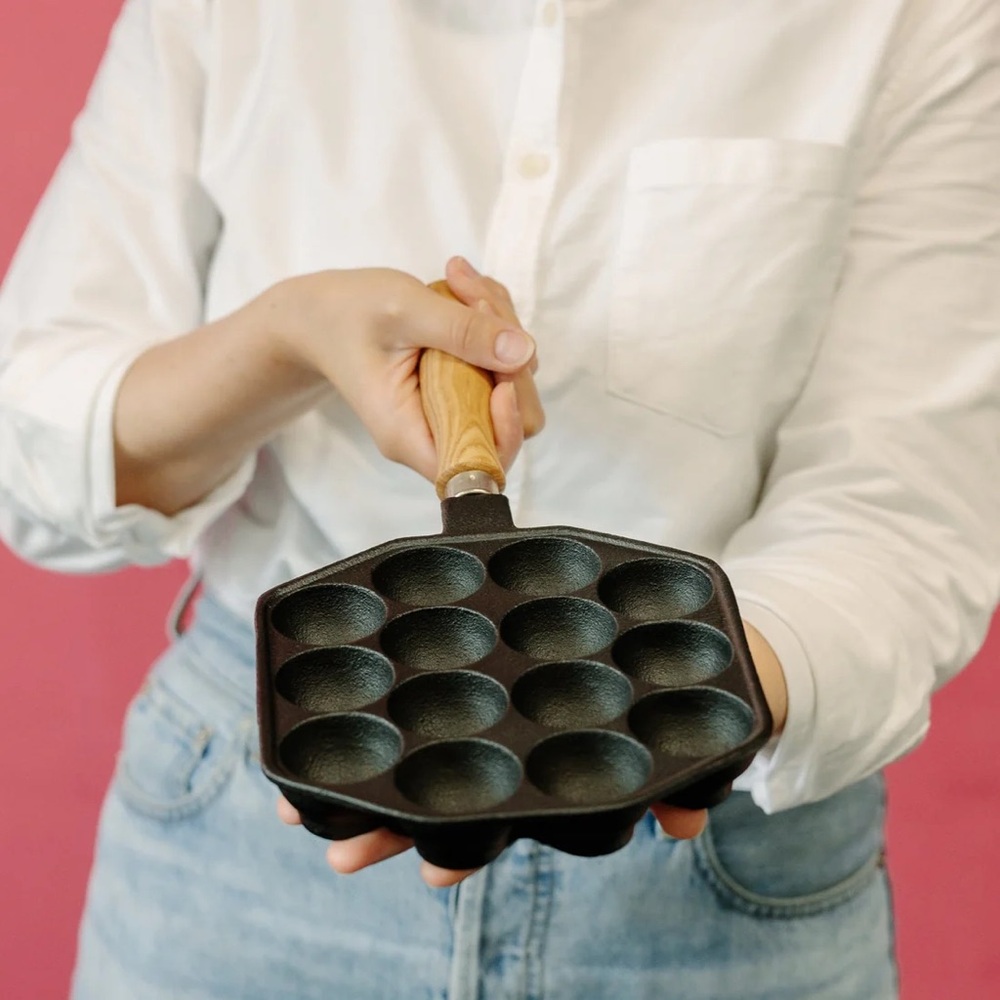 NEW - Cast Iron Takoyaki Pan with Wooden Handle Japanese Cookware